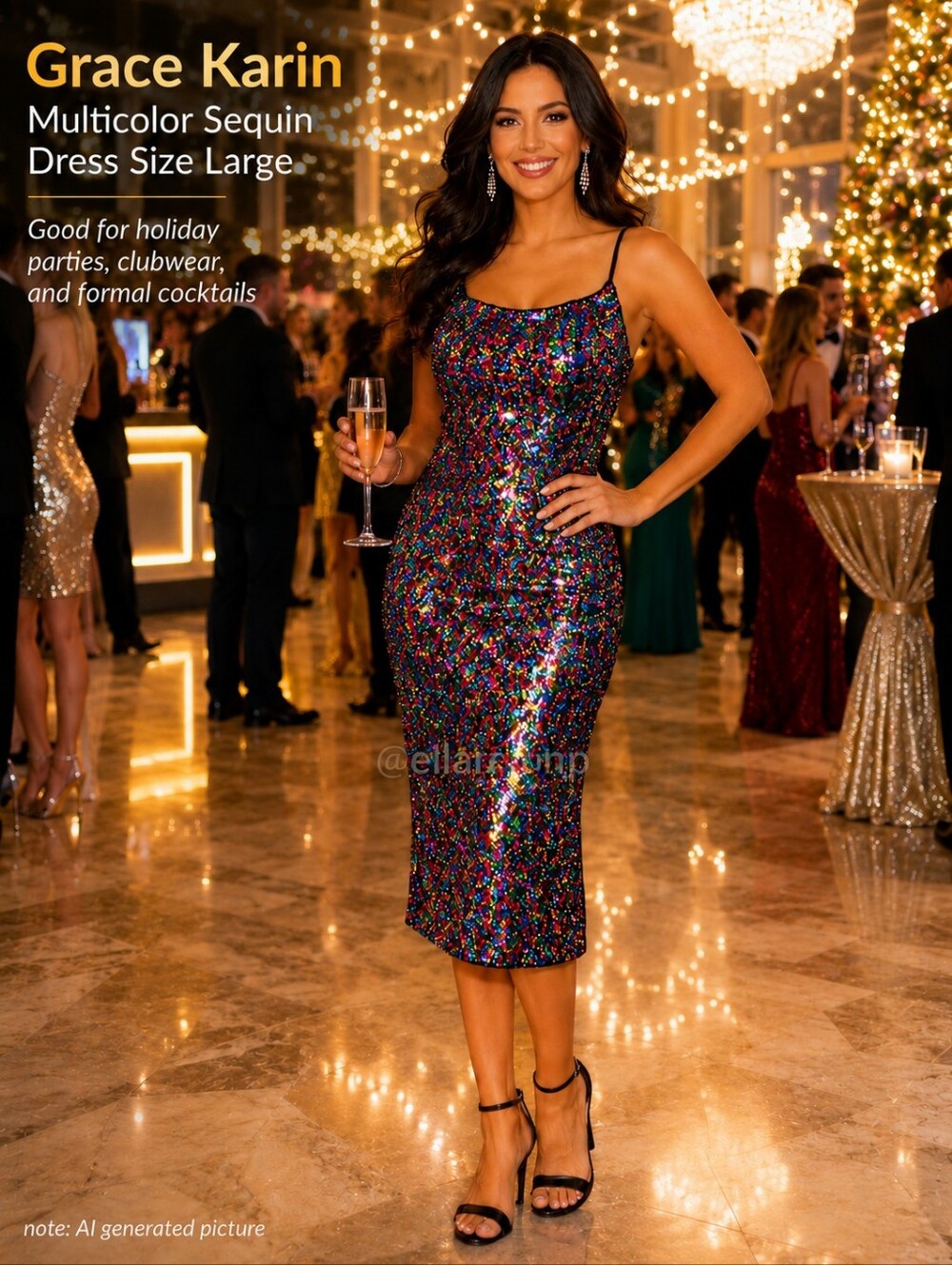 Grace Karin Multicolor Long Fitted Micro Sequin Dress Size Large
